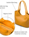 Woven leather shoulder bag, yellow, features