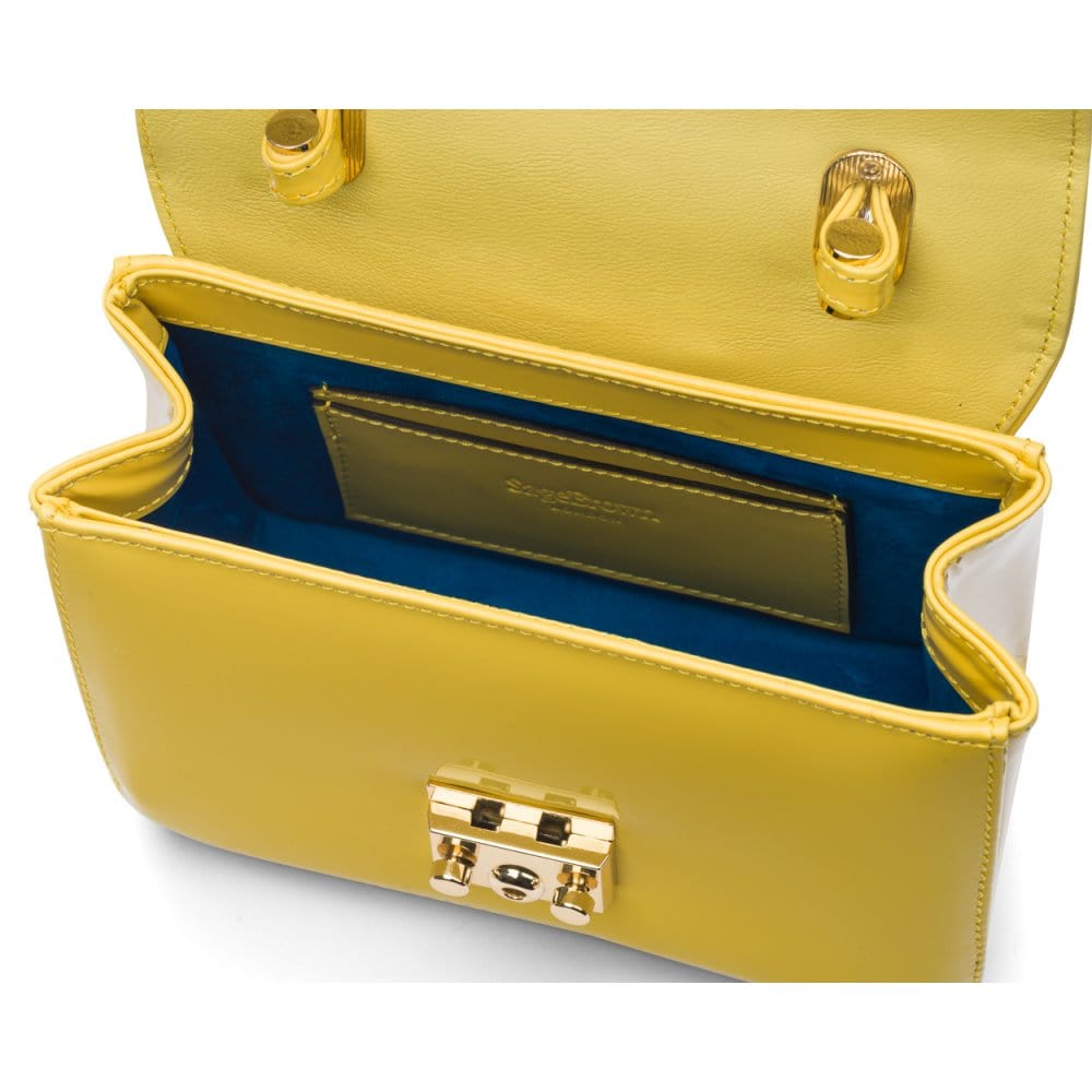 Small leather top handle bag, yellow patent, inside