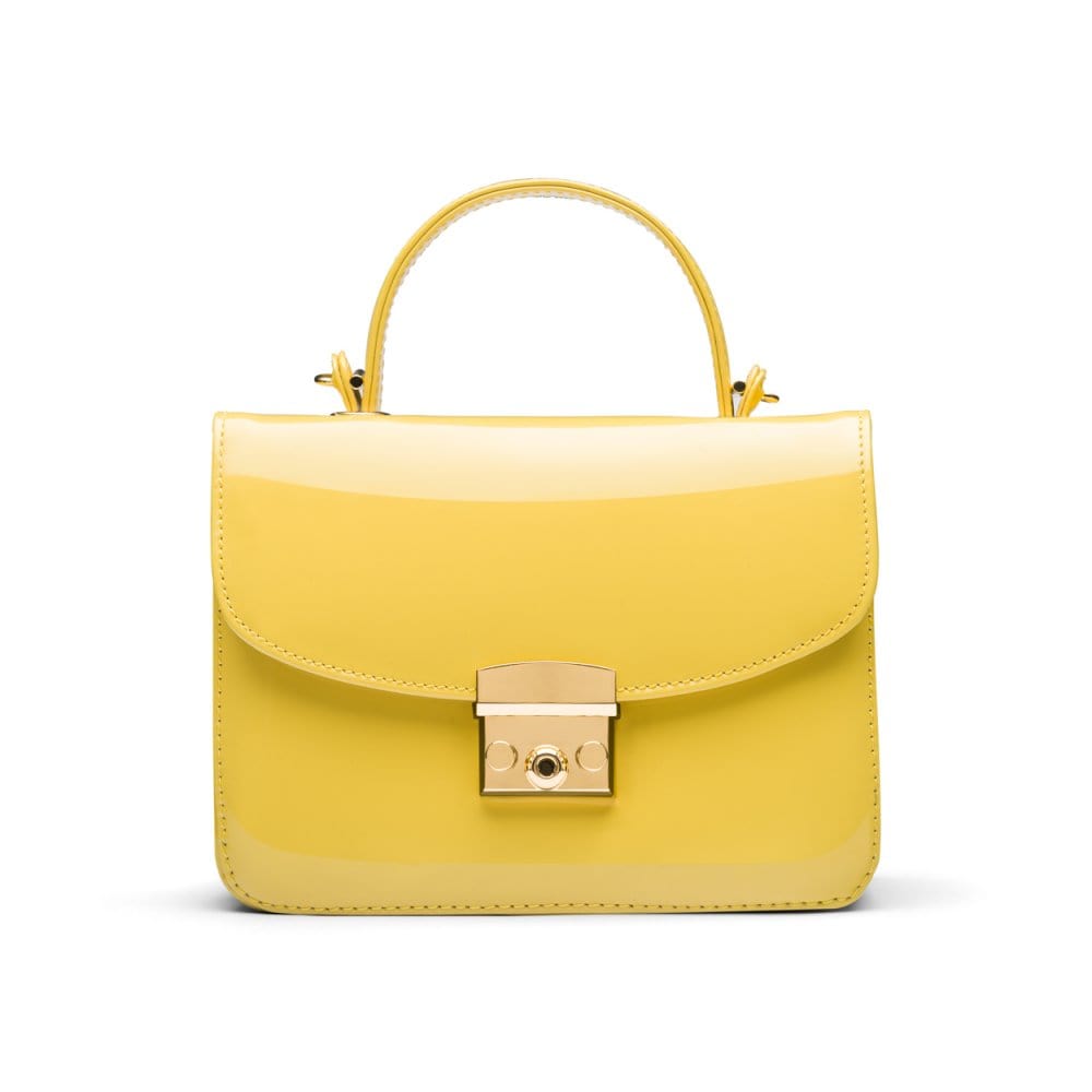 Small leather top handle bag, yellow patent, front