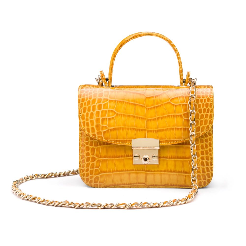 Small leather top handle bag, yellow croc,, with chain strap