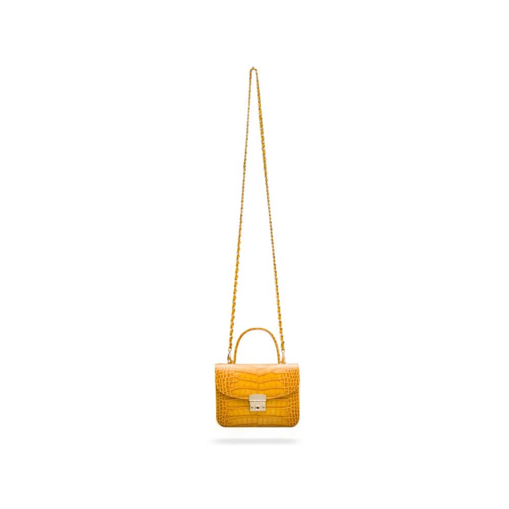 Small leather top handle bag, yellow croc