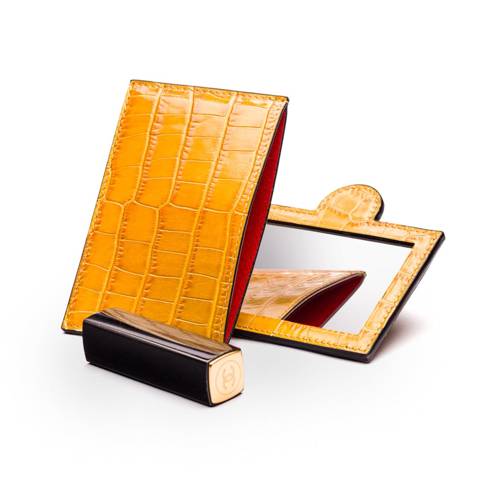Compact leather mirror, yellow croc