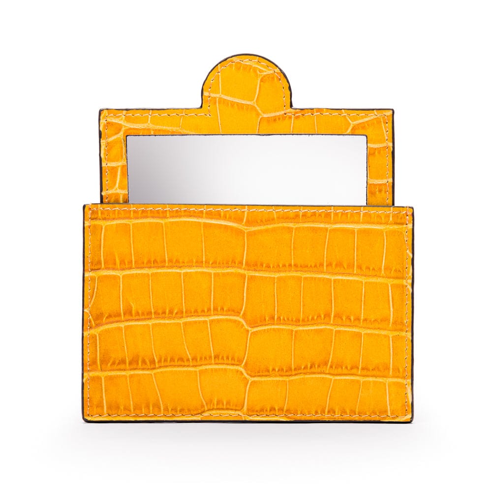Compact leather mirror, yellow croc, front