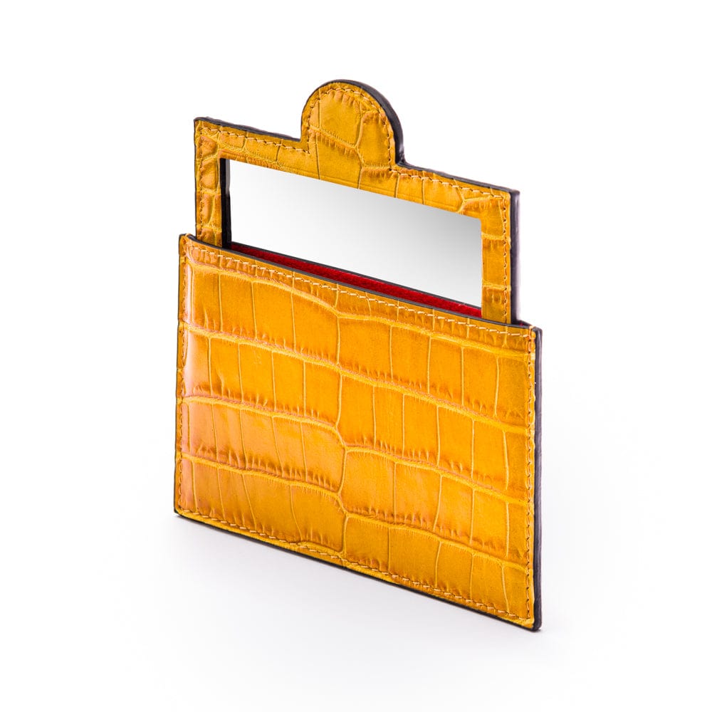 Compact leather mirror, yellow croc, side