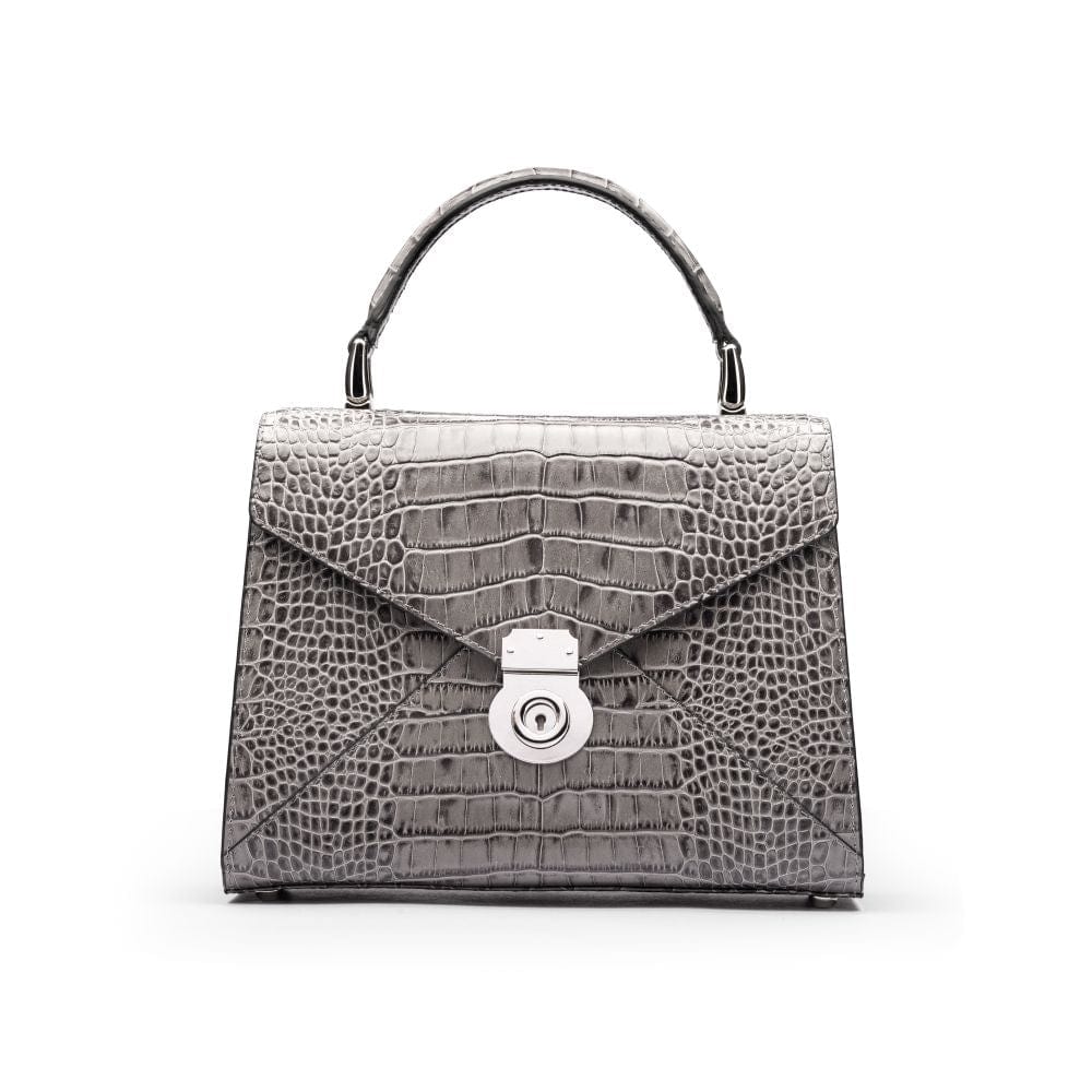 Leather top handle bag, Burnett bag, grey croc, front