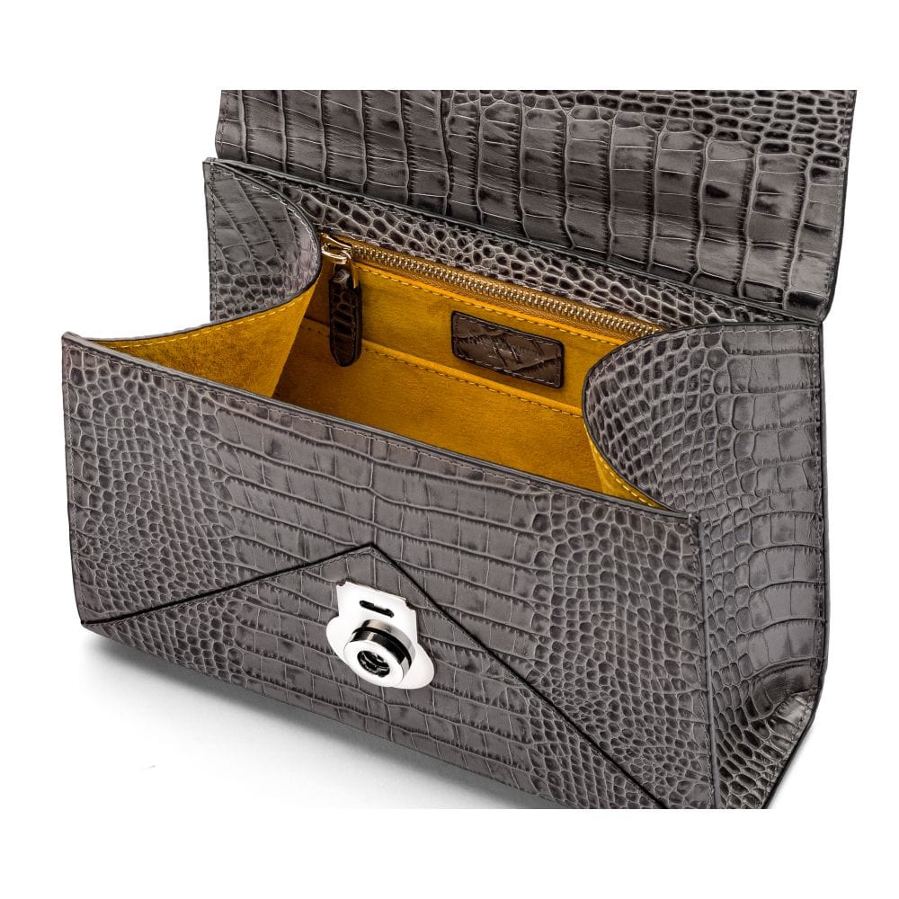 Leather top handle bag, Burnett bag, grey croc, inside