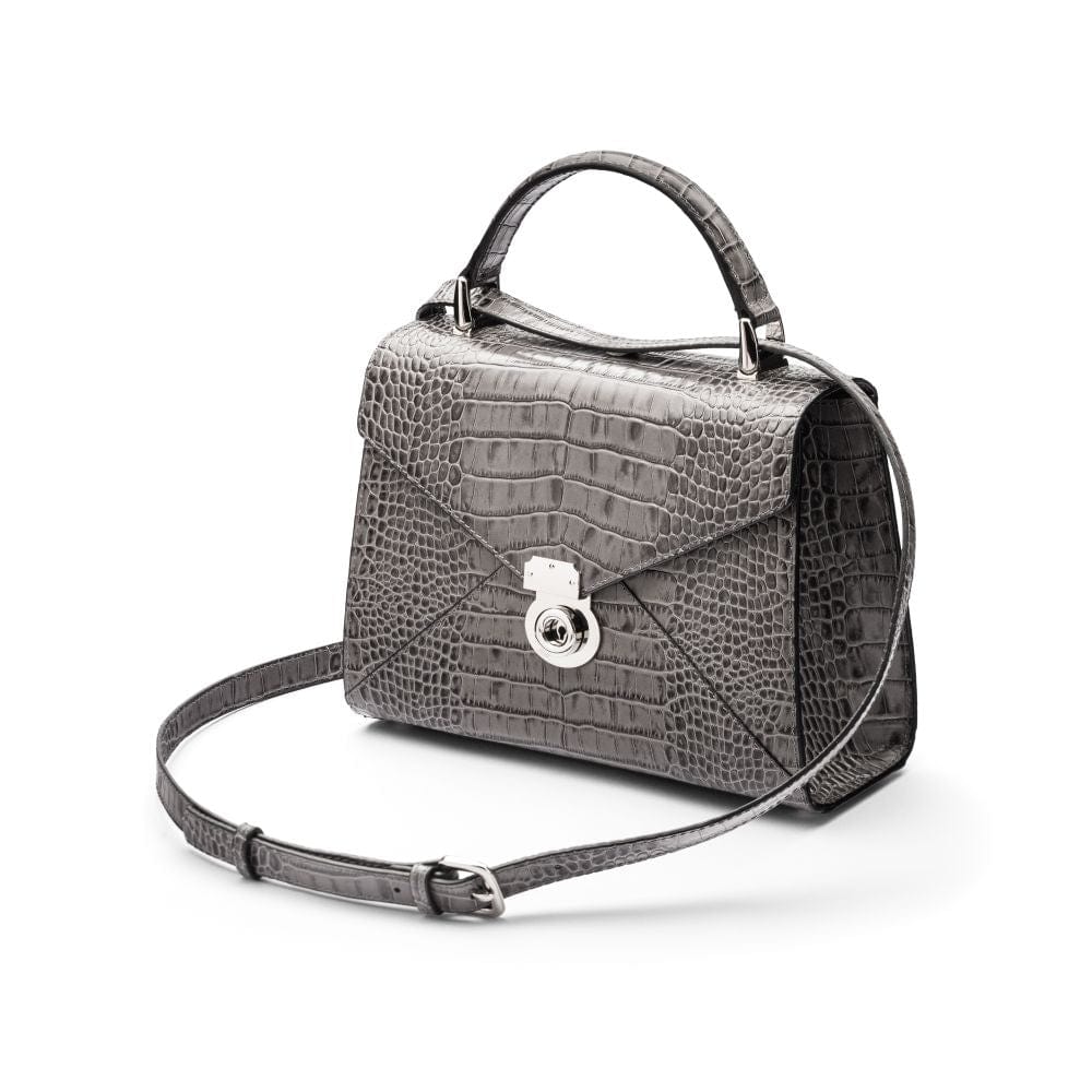 Leather top handle bag, Burnett bag, grey croc, with shoulder strap