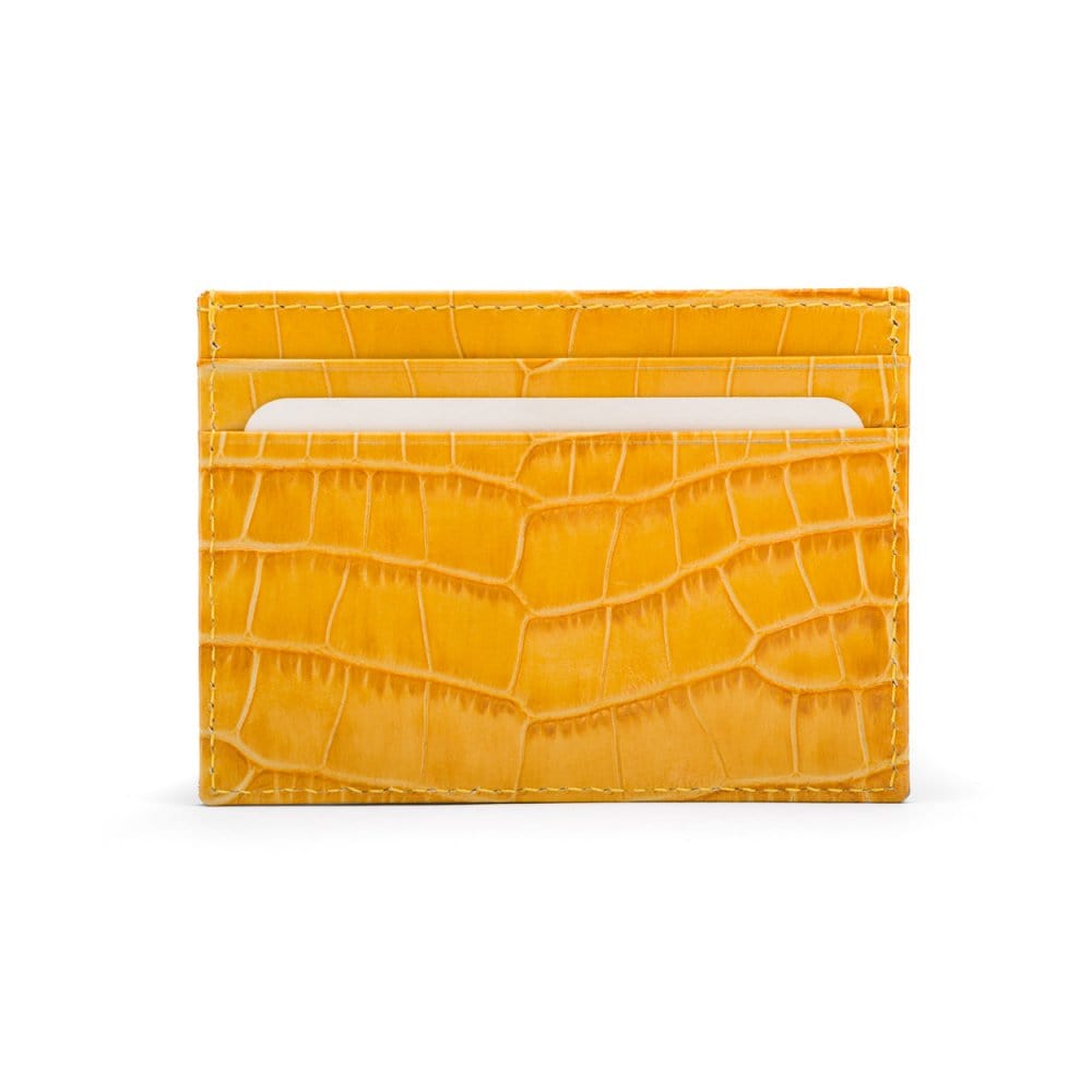 Flat leather credit card wallet 4 CC, yellow croc, front