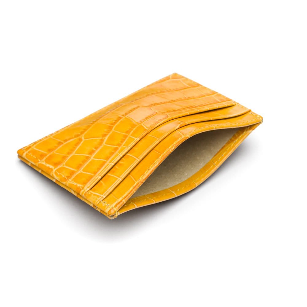 Flat leather credit card wallet 4 CC, yellow croc, inside