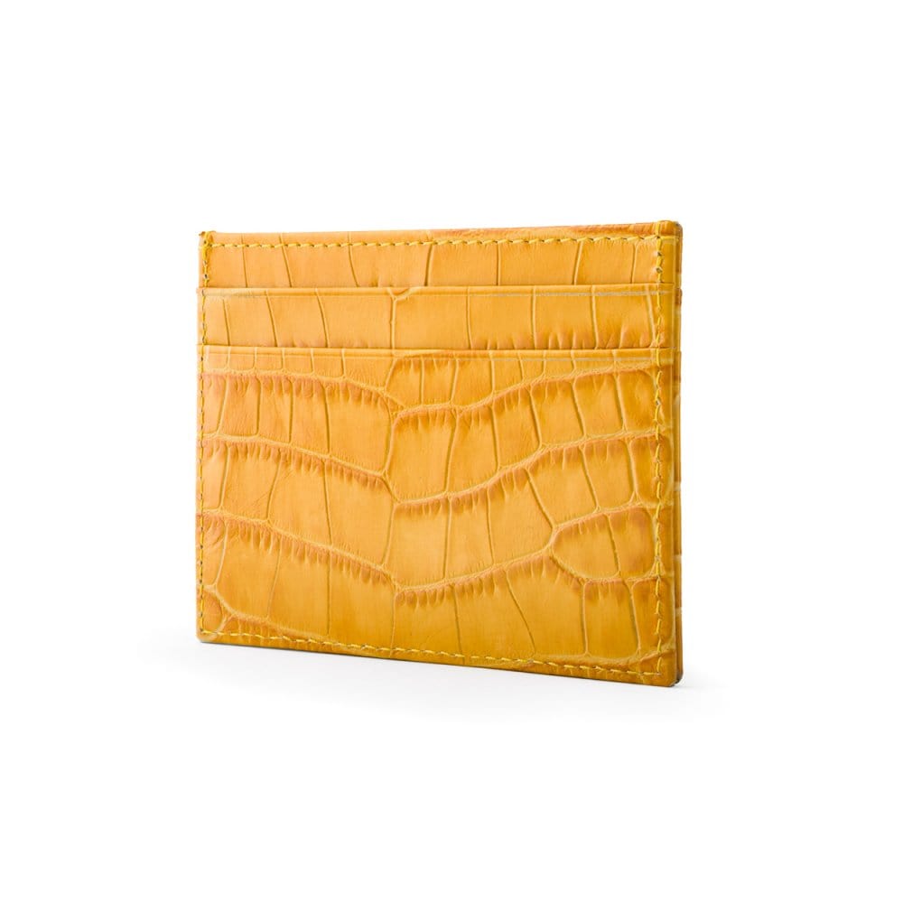 Flat leather credit card wallet 4 CC, yellow croc, side