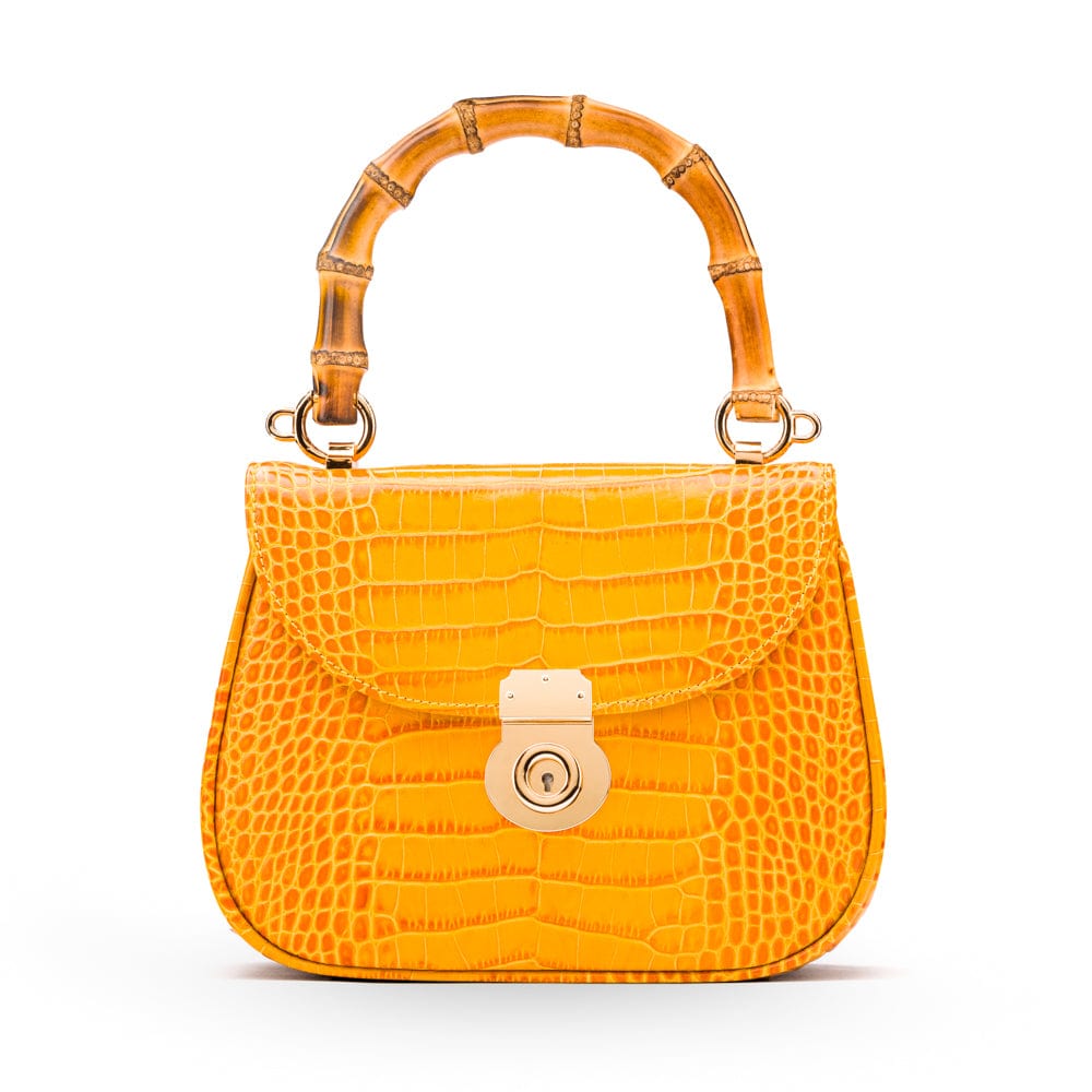 Bamboo handle bag, yellow croc, front view