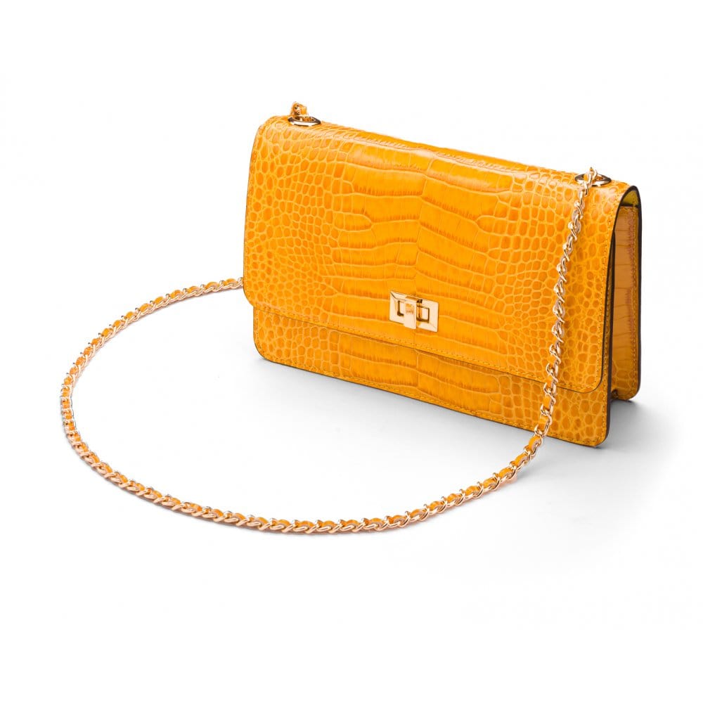Leather chain bag, yellow croc, side view