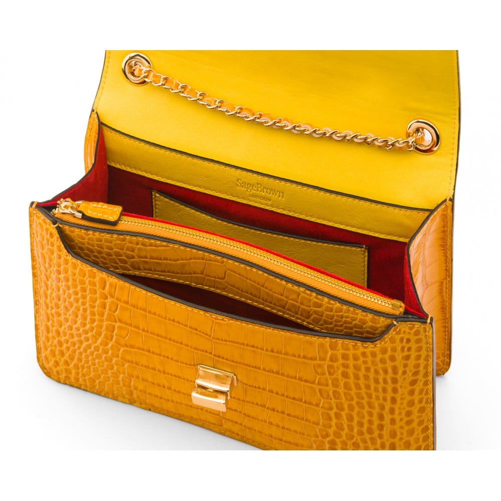 Leather chain bag, yellow croc, inside view