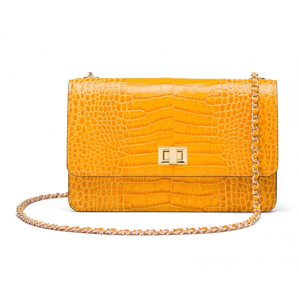 Leather chain bag, yellow croc, front view