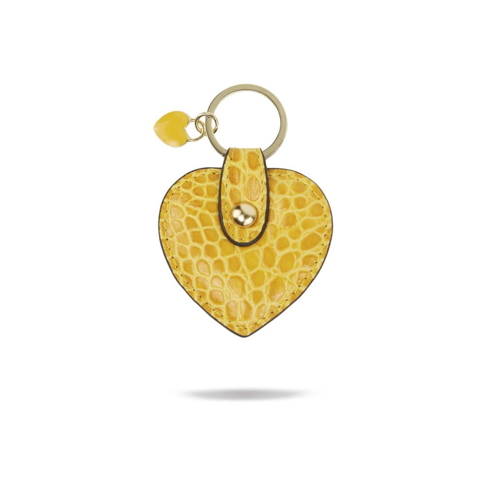 Leather heart shaped key ring, yellow croc, front