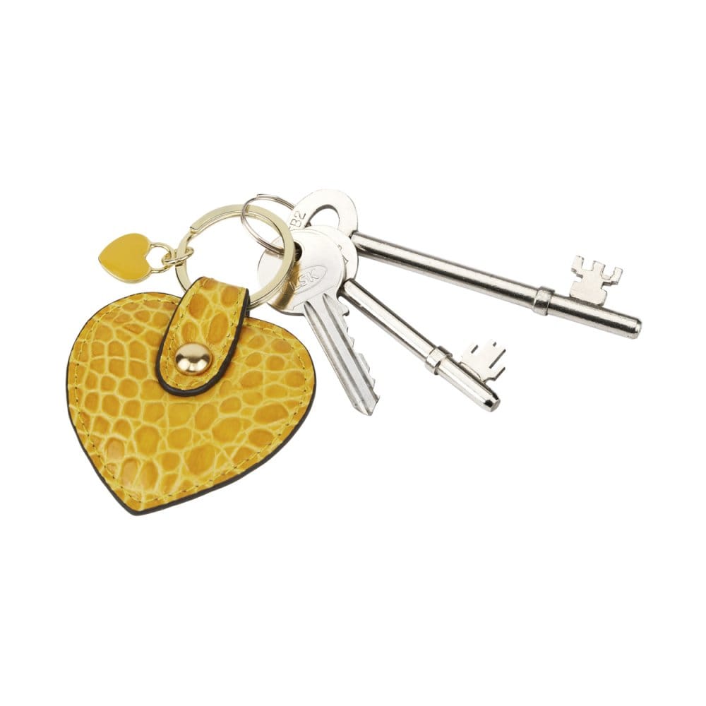 Leather heart shaped key ring, yellow croc