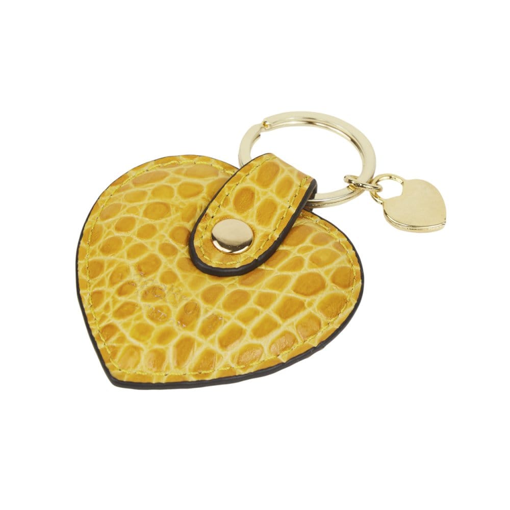 Leather heart shaped key ring, yellow croc, back