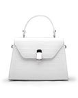 Leather top handle handbag, white croc, front view