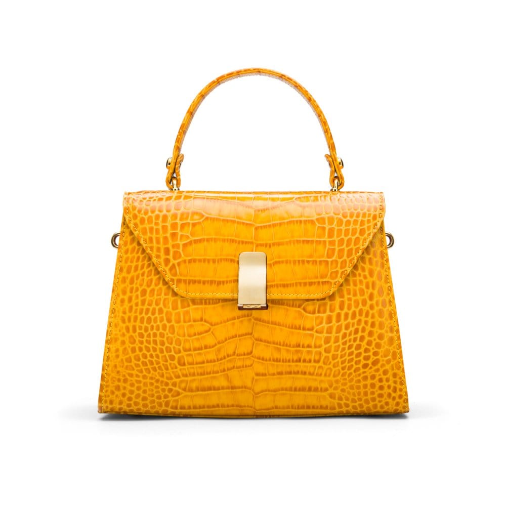 Leather top handle bag, yellow croc, front