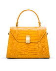 Leather top handle bag, yellow croc, front