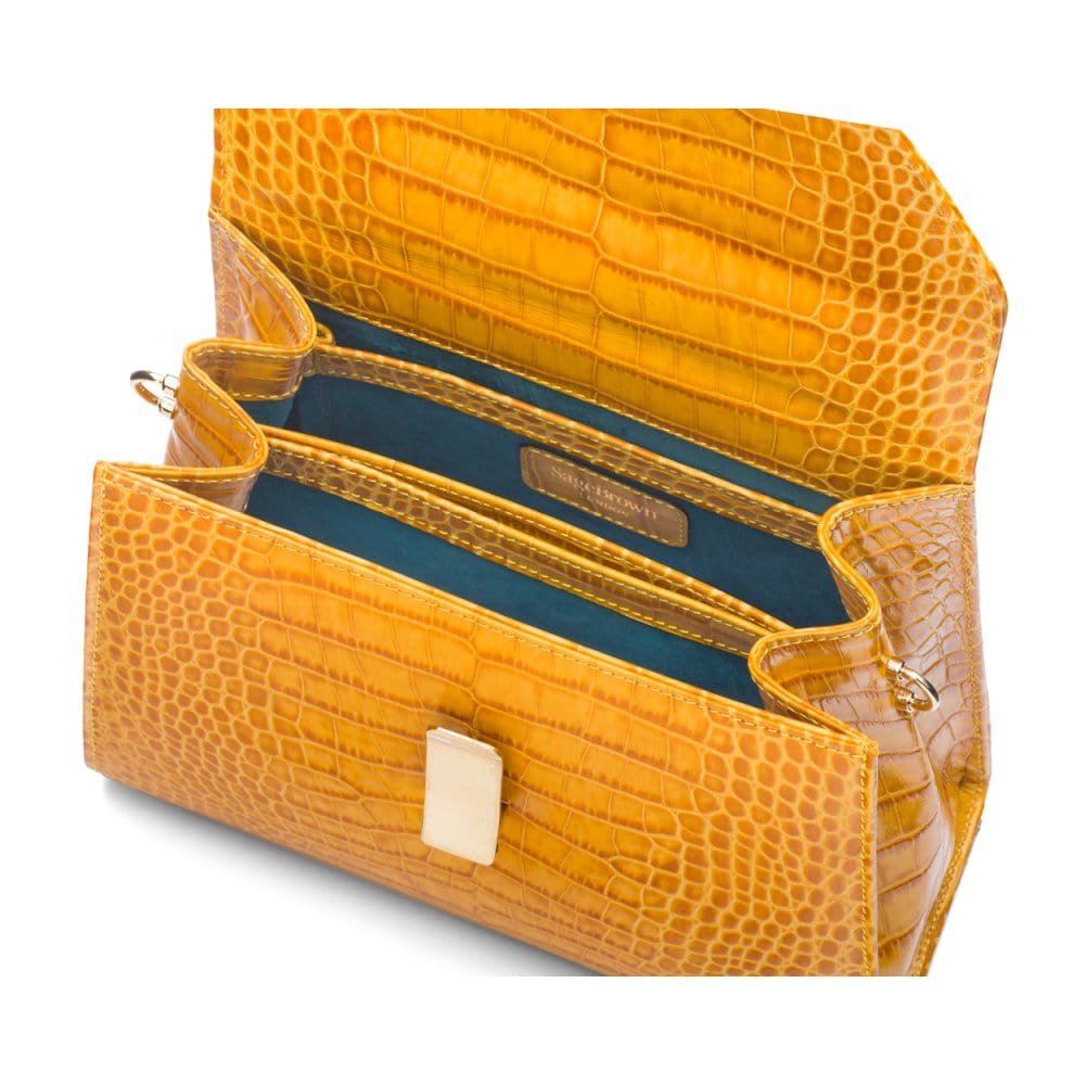 Leather top handle bag, yellow croc, inside