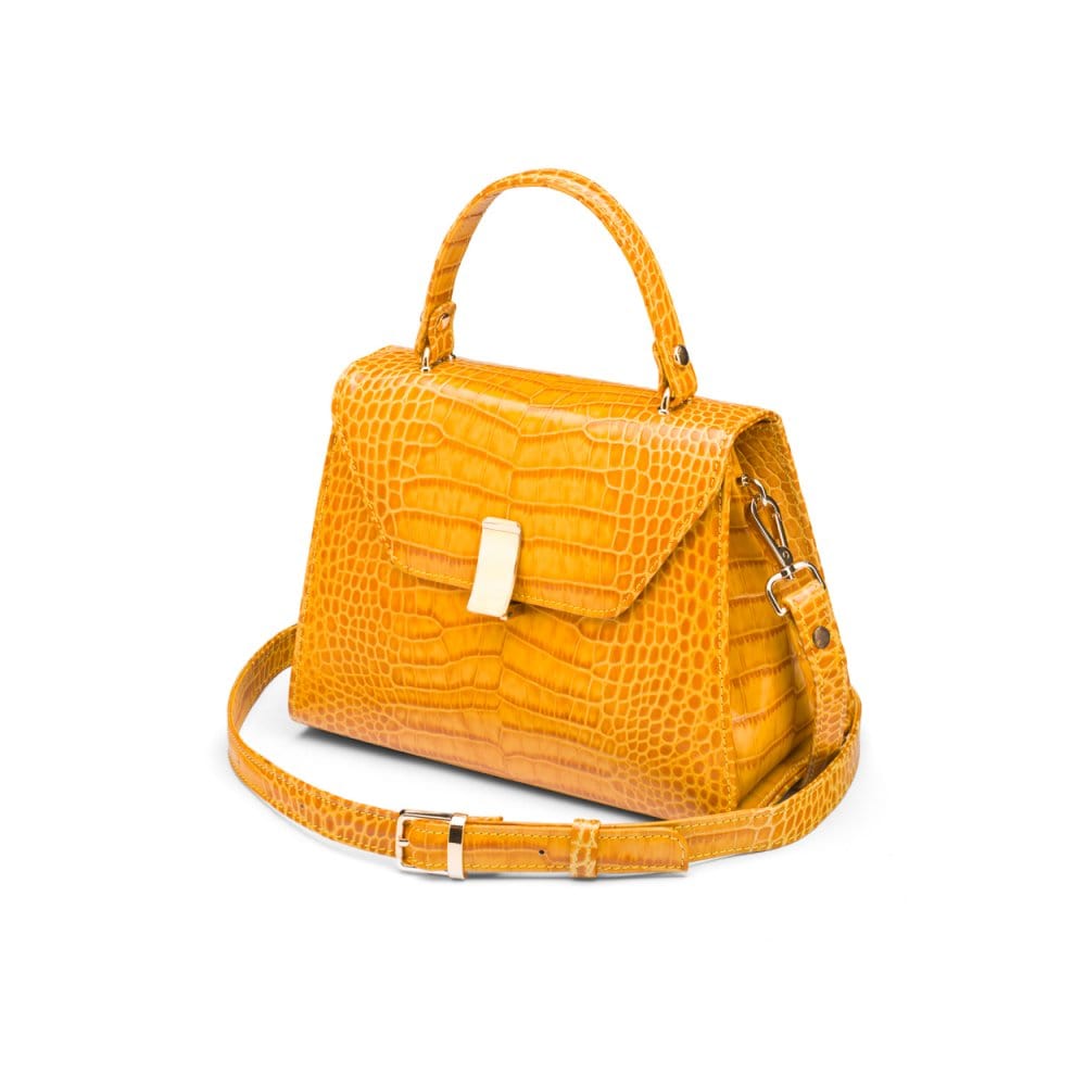 Leather top handle bag, yellow croc, side