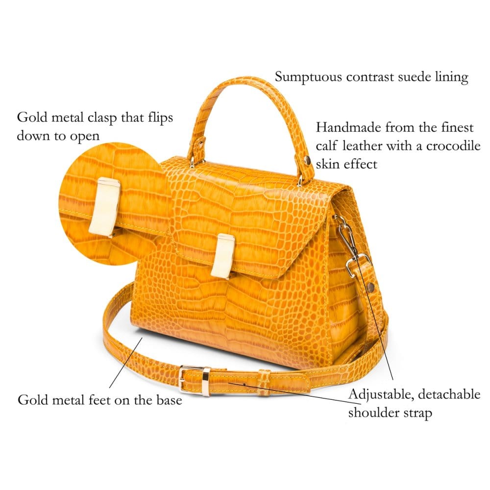 Leather top handle bag, yellow croc, features