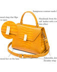 Leather top handle bag, yellow croc, features