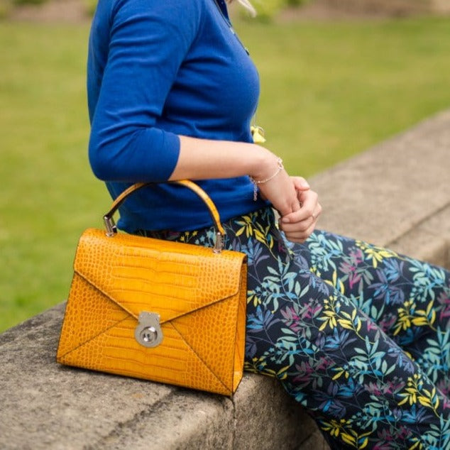 Leather top handle bag, Burnett bag, yellow croc, lifestyle