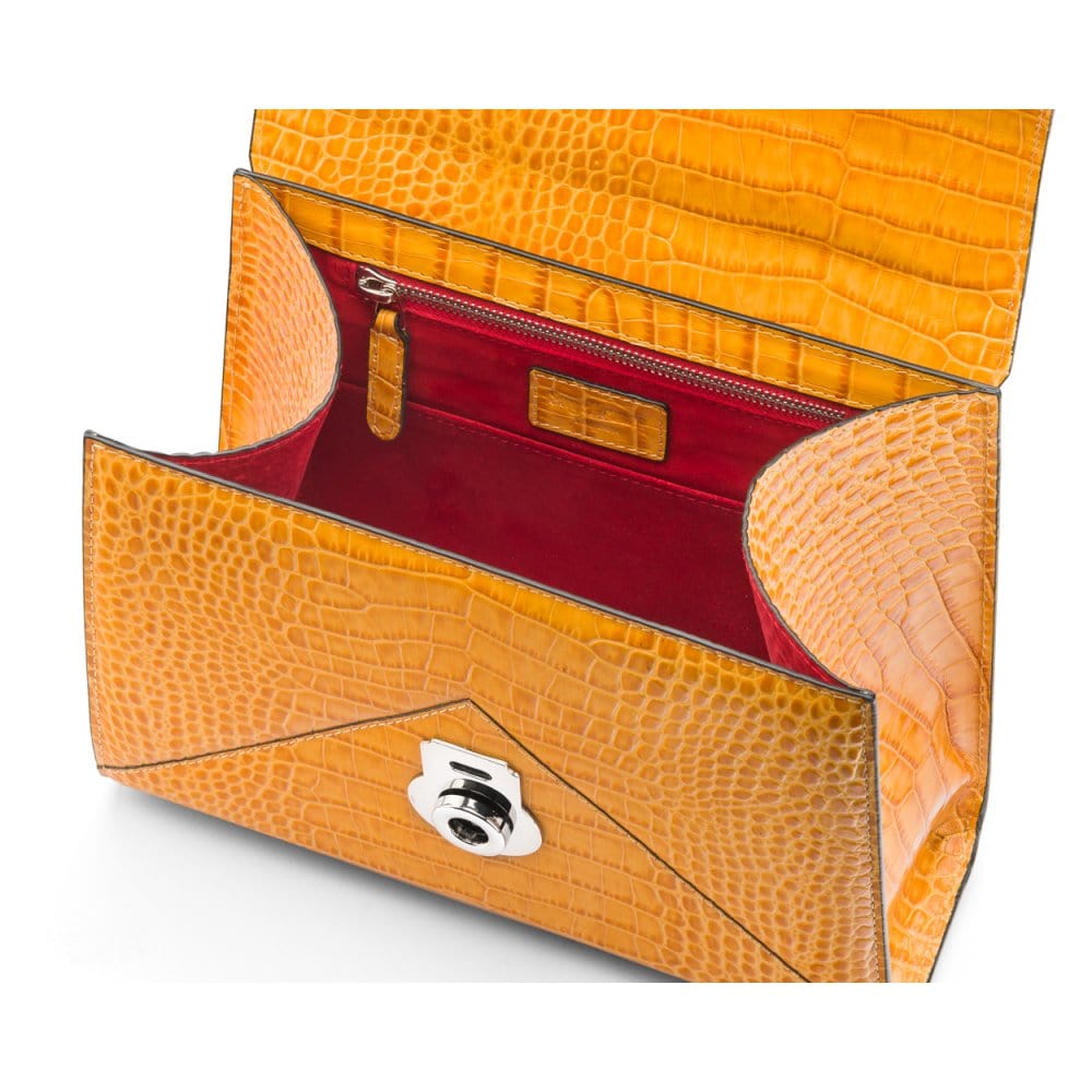 Leather top handle bag, Burnett bag, yellow croc, inside view