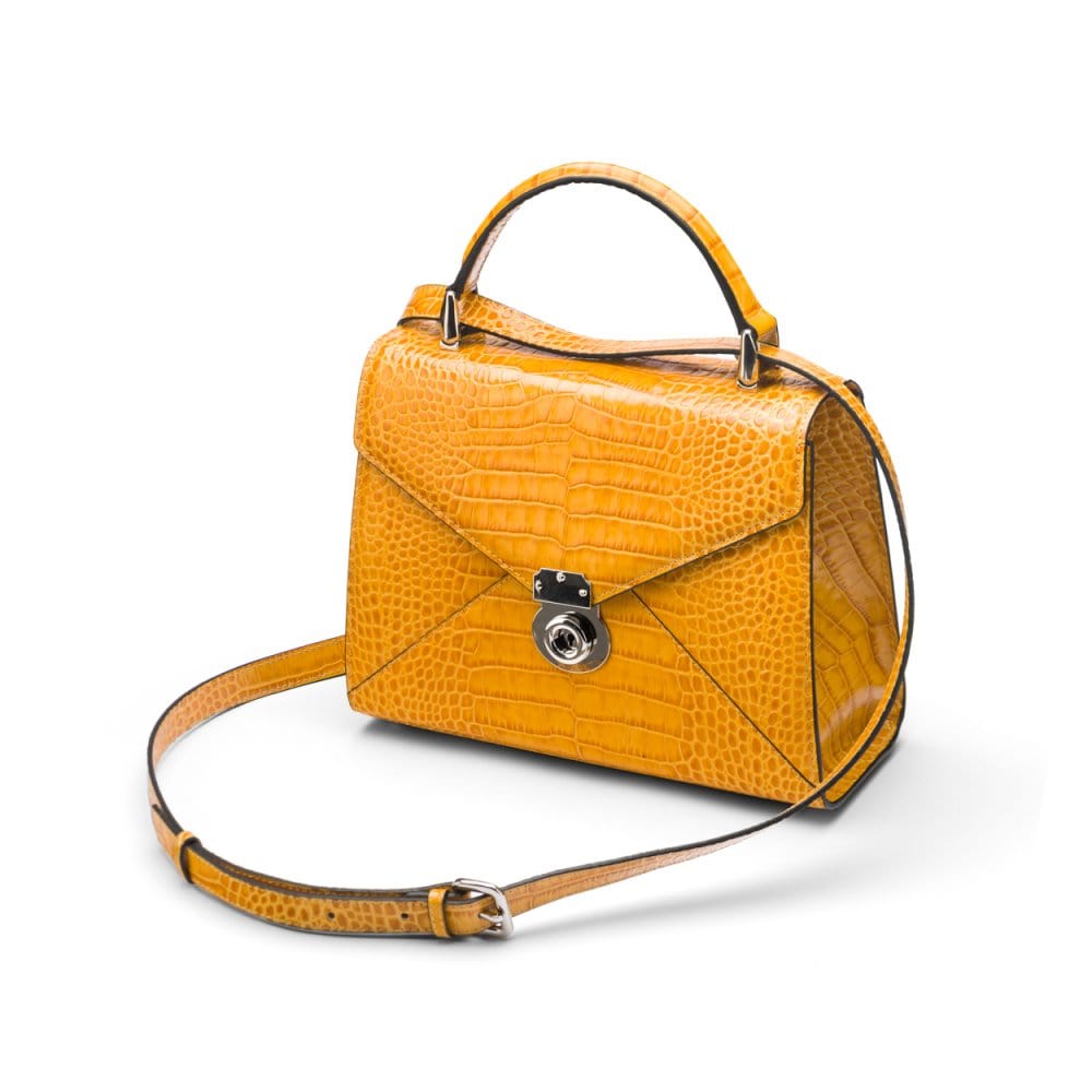 Leather top handle bag, Burnett bag, yellow croc, with shoulder strap