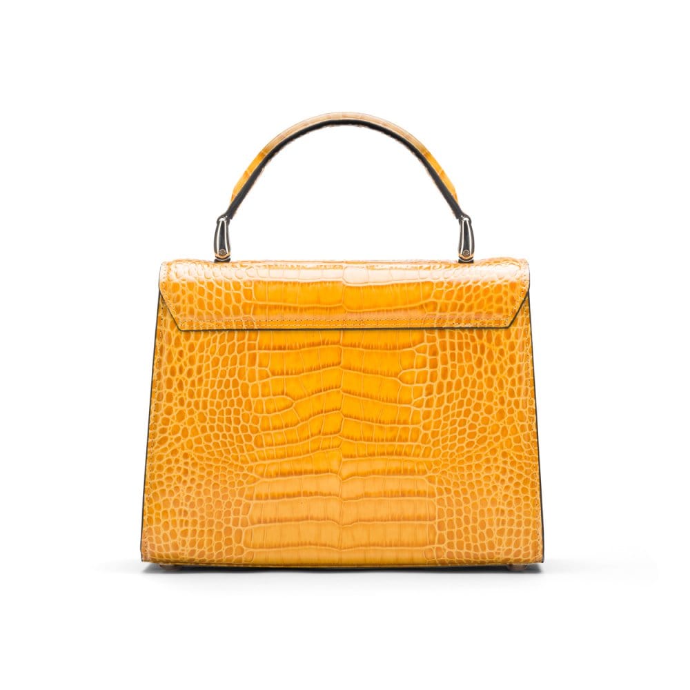 Leather top handle bag, Burnett bag, yellow croc, back view