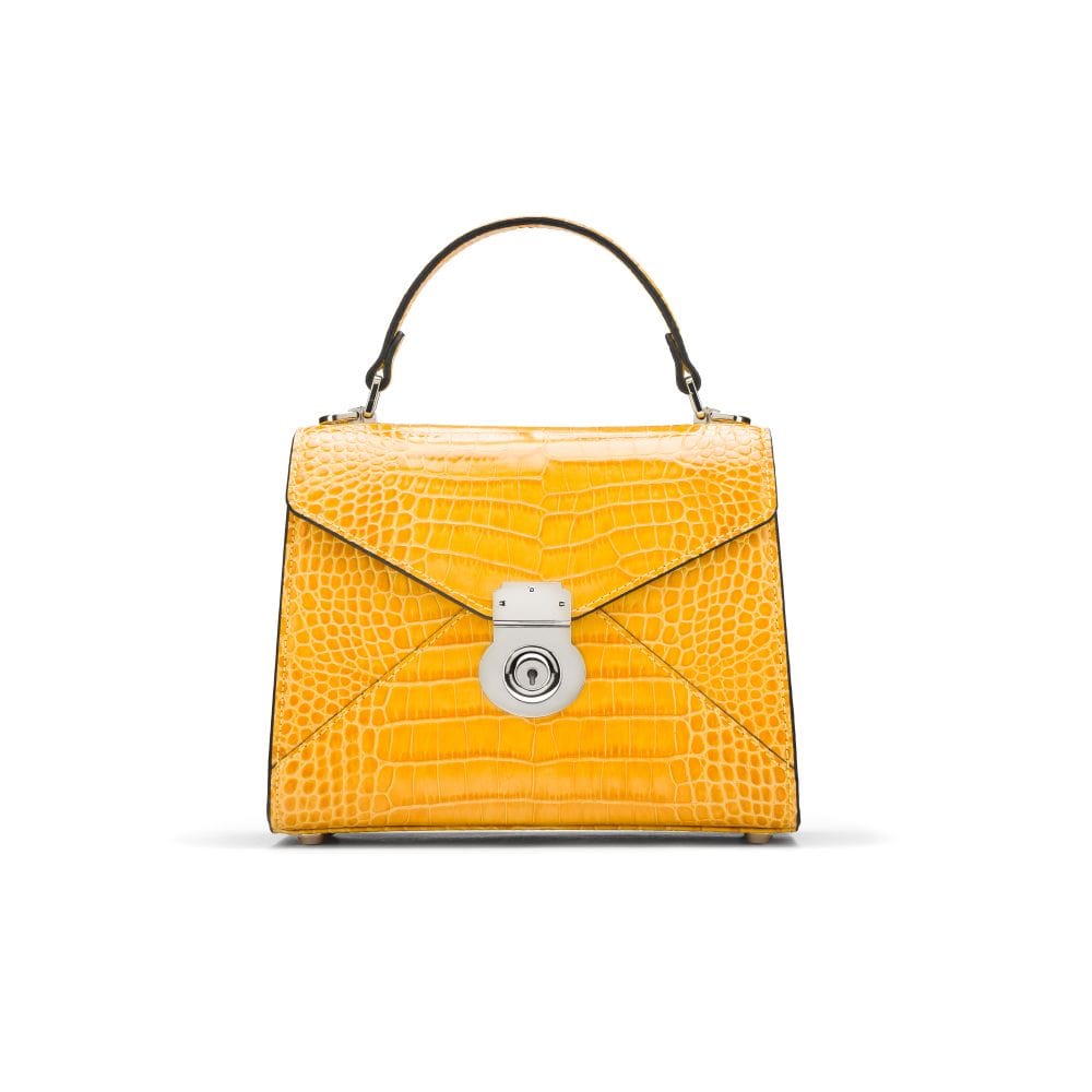 Mini Burnett small top handle bag, yellow croc, front view