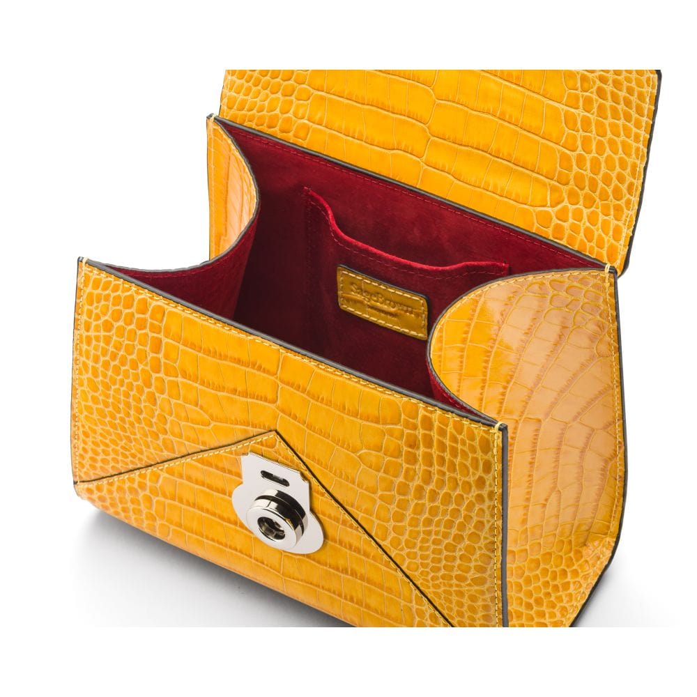 Mini Burnett small top handle bag, yellow croc, inside view