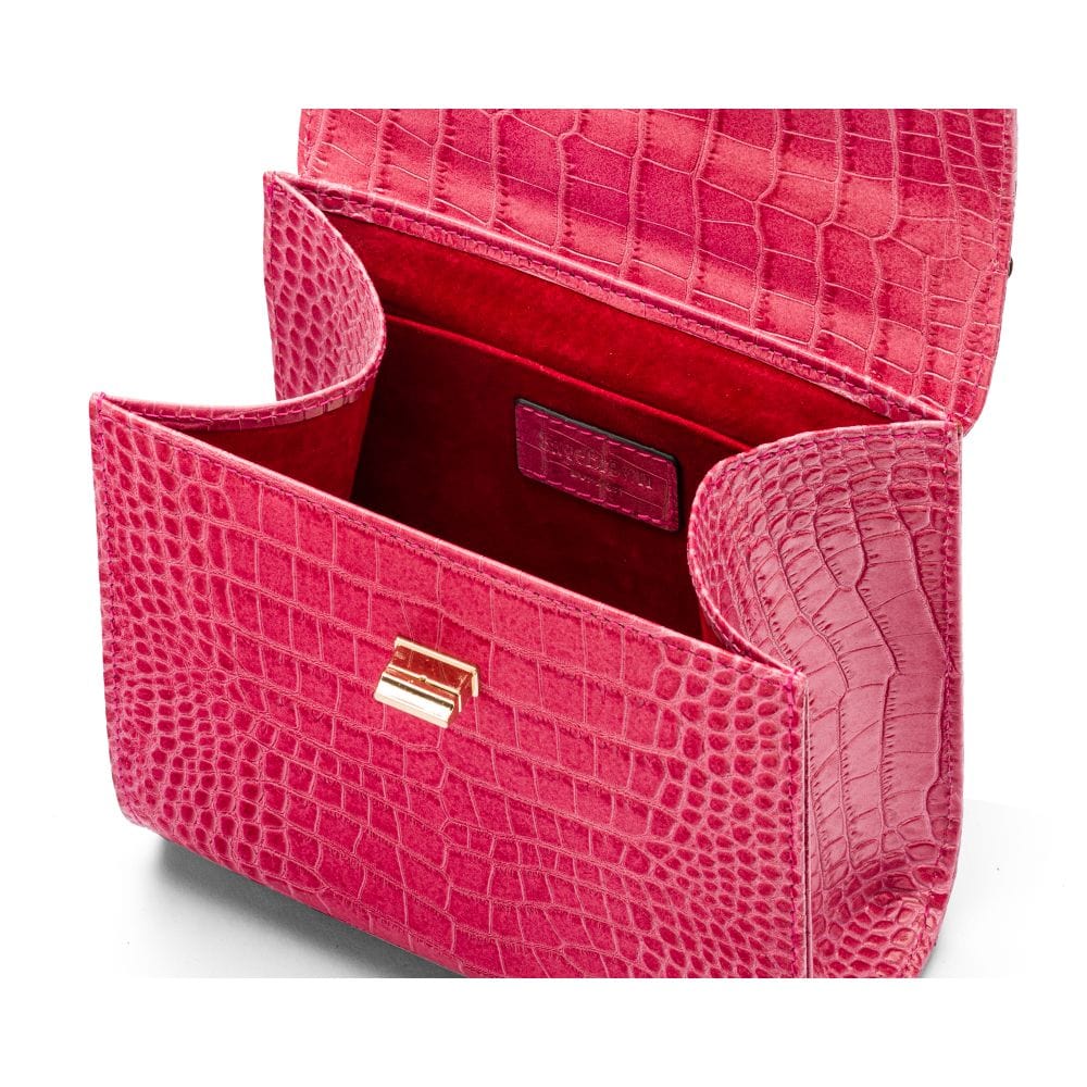 Mini leather Morgan Bag, top handle bag, pink croc, inside