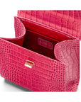 Mini leather Morgan Bag, top handle bag, pink croc, inside