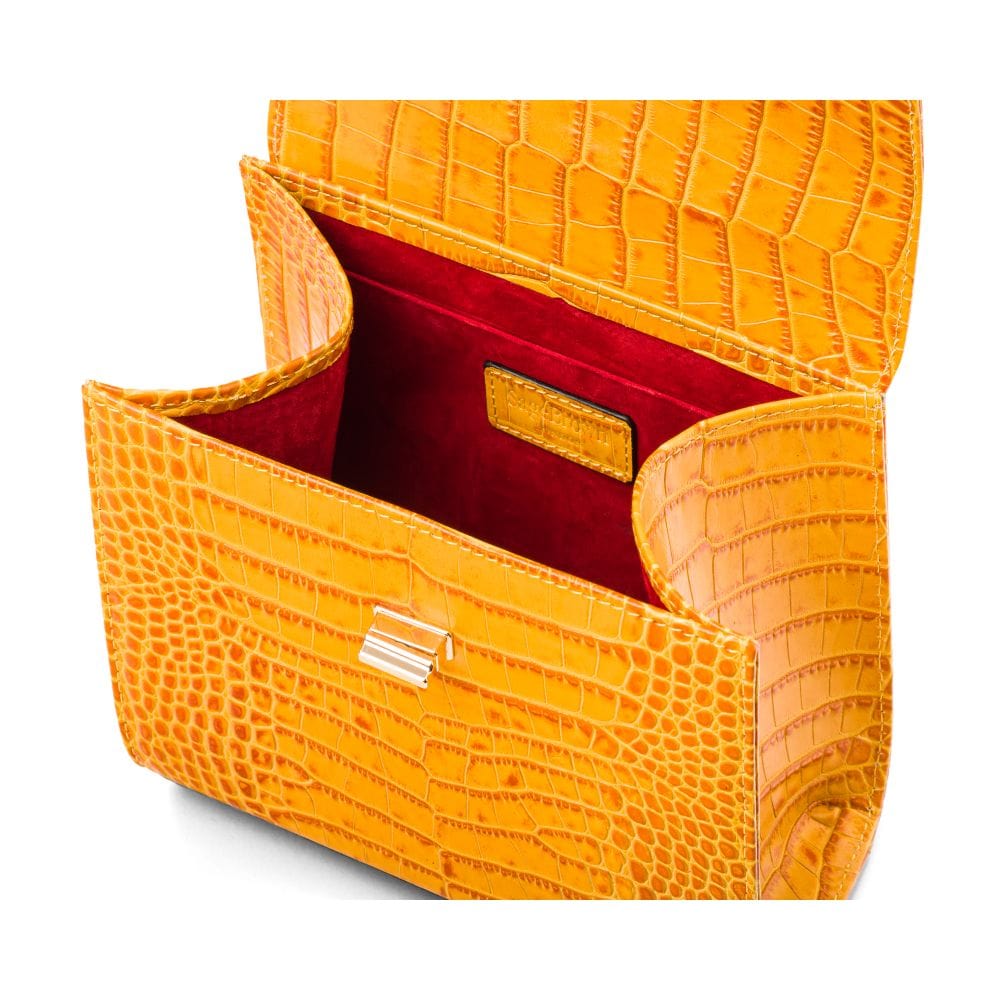 Mini leather Morgan Bag, top handle bag, yellow croc, inside view