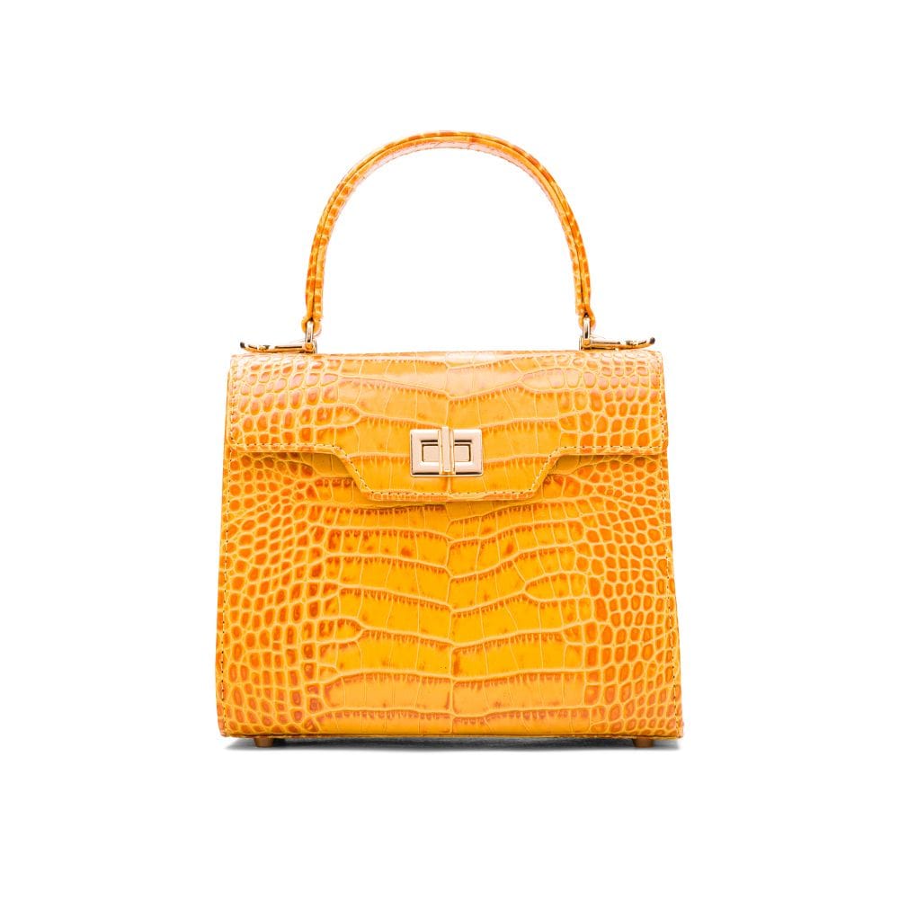 Mini leather Morgan Bag, top handle bag, yellow croc, front view