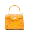 Mini leather Morgan Bag, top handle bag, yellow croc, front view