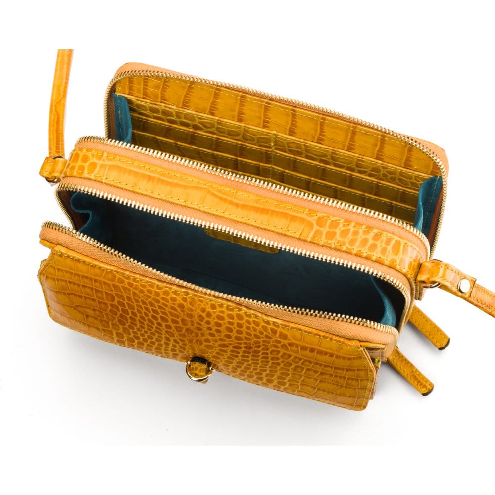 Compact crossbody bag, yellow croc, inside