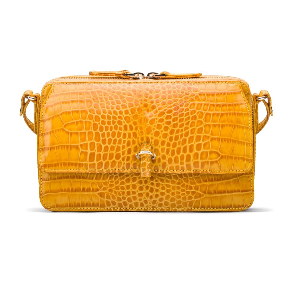 Compact crossbody bag, yellow croc, front