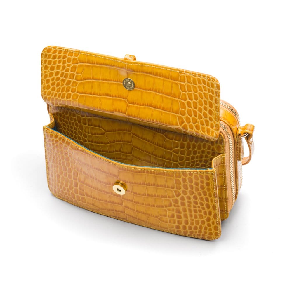 Compact crossbody bag, yellow croc, front pocket