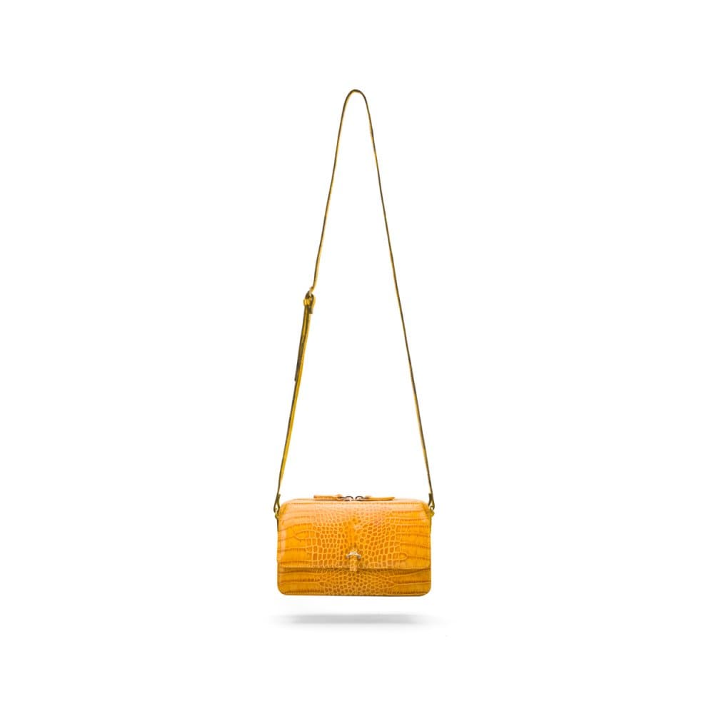 Compact crossbody bag, yellow croc, shoulder strap