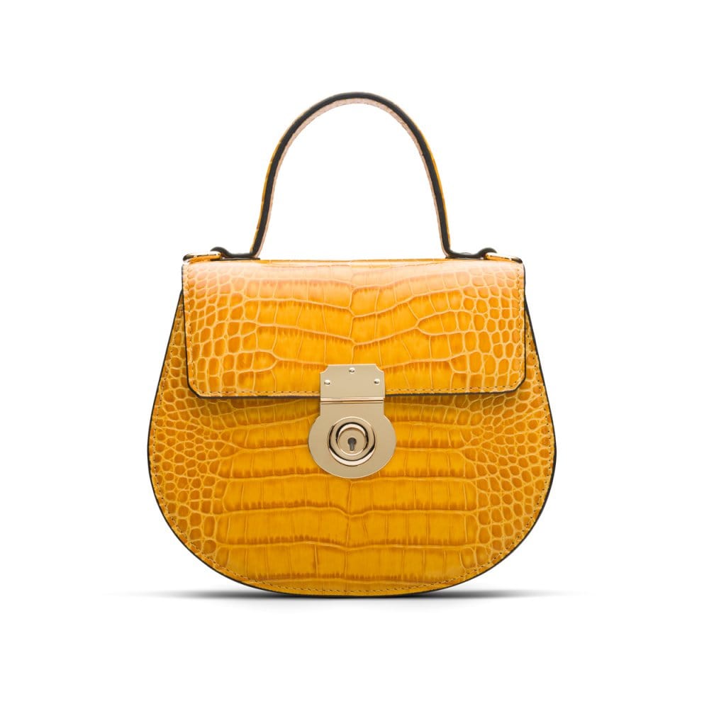 Leather rounded bottom top handle bag, yellow croc, front