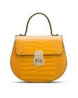 Leather rounded bottom top handle bag, yellow croc, front