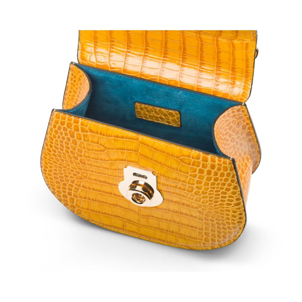 Leather rounded bottom top handle bag, yellow croc, inside
