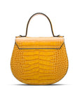 Leather rounded bottom top handle bag, yellow croc, back