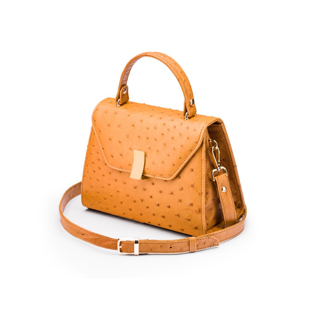 Ostrich leather top handle bag, tan, side