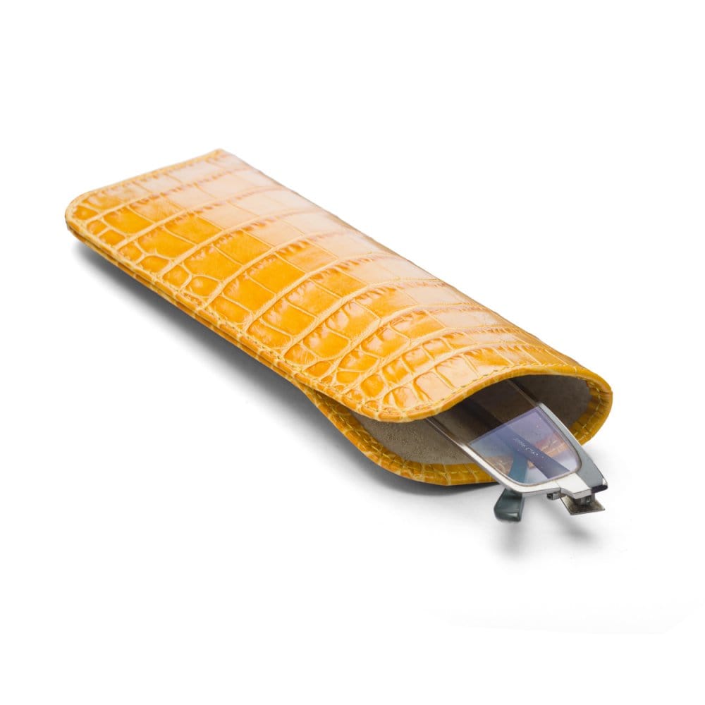 Small leather glasses case, yellow croc, open