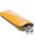 Small leather glasses case, yellow croc, open